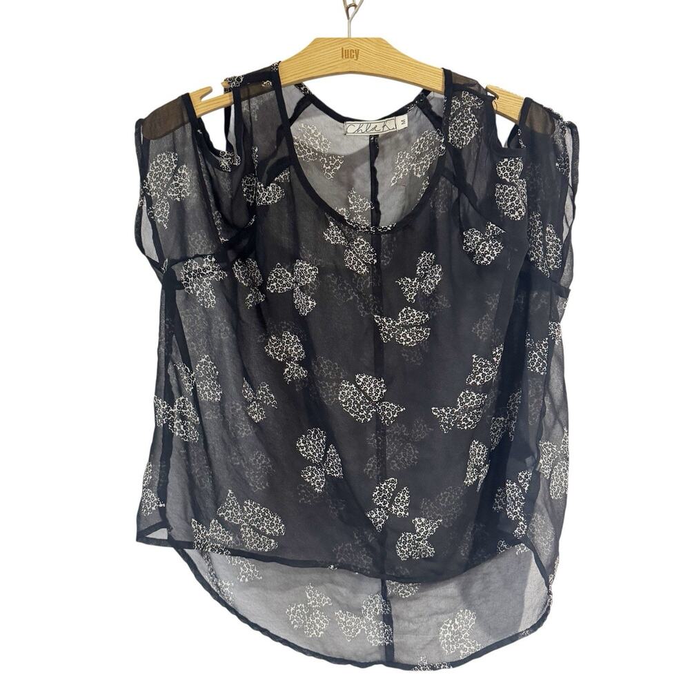 Chloe K Women Medium Black Sheer Cold Should Hi Low‎ Blouse Leopard Print Bows